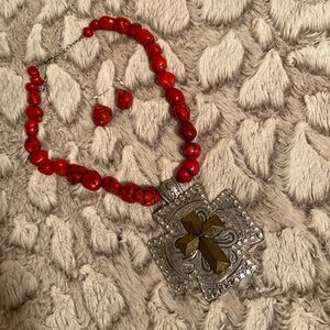 Western Cross Chunky Red Stone Necklace and Earrings